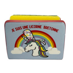 Porte éponge bleu licorne + éponge